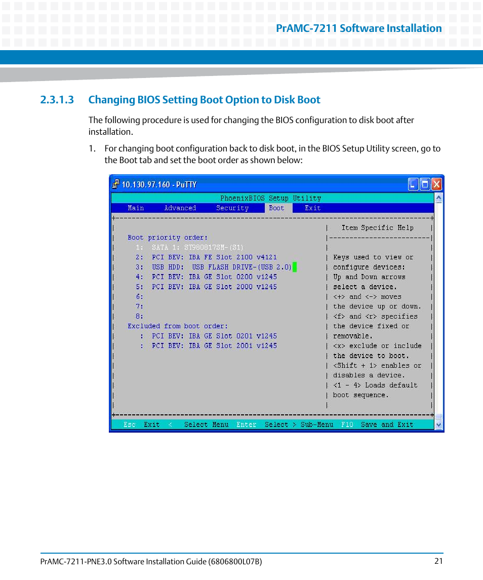3 changing bios setting boot option to disk boot, Changing bios setting, Boot option to disk boot | Artesyn PrAMC-7211 PNE3.0 Software Installation Guide (June 2014) User Manual | Page 21 / 70