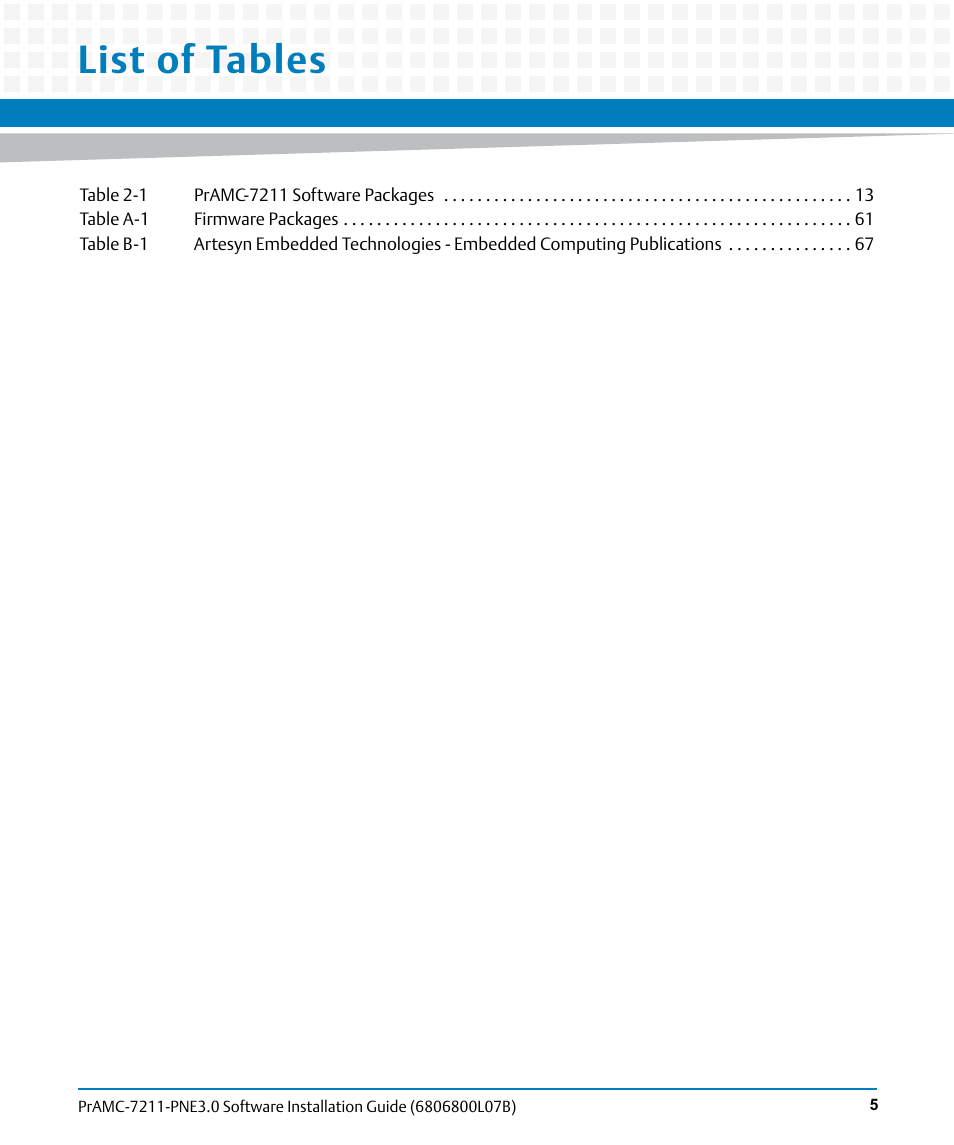 List of tables | Artesyn PrAMC-7211 PNE3.0 Software Installation Guide (June 2014) User Manual | Page 5 / 70
