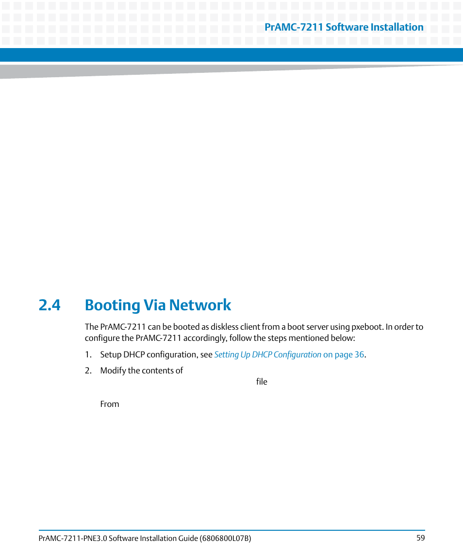 4 booting via network, Pramc-7211 software installation | Artesyn PrAMC-7211 PNE3.0 Software Installation Guide (June 2014) User Manual | Page 59 / 70