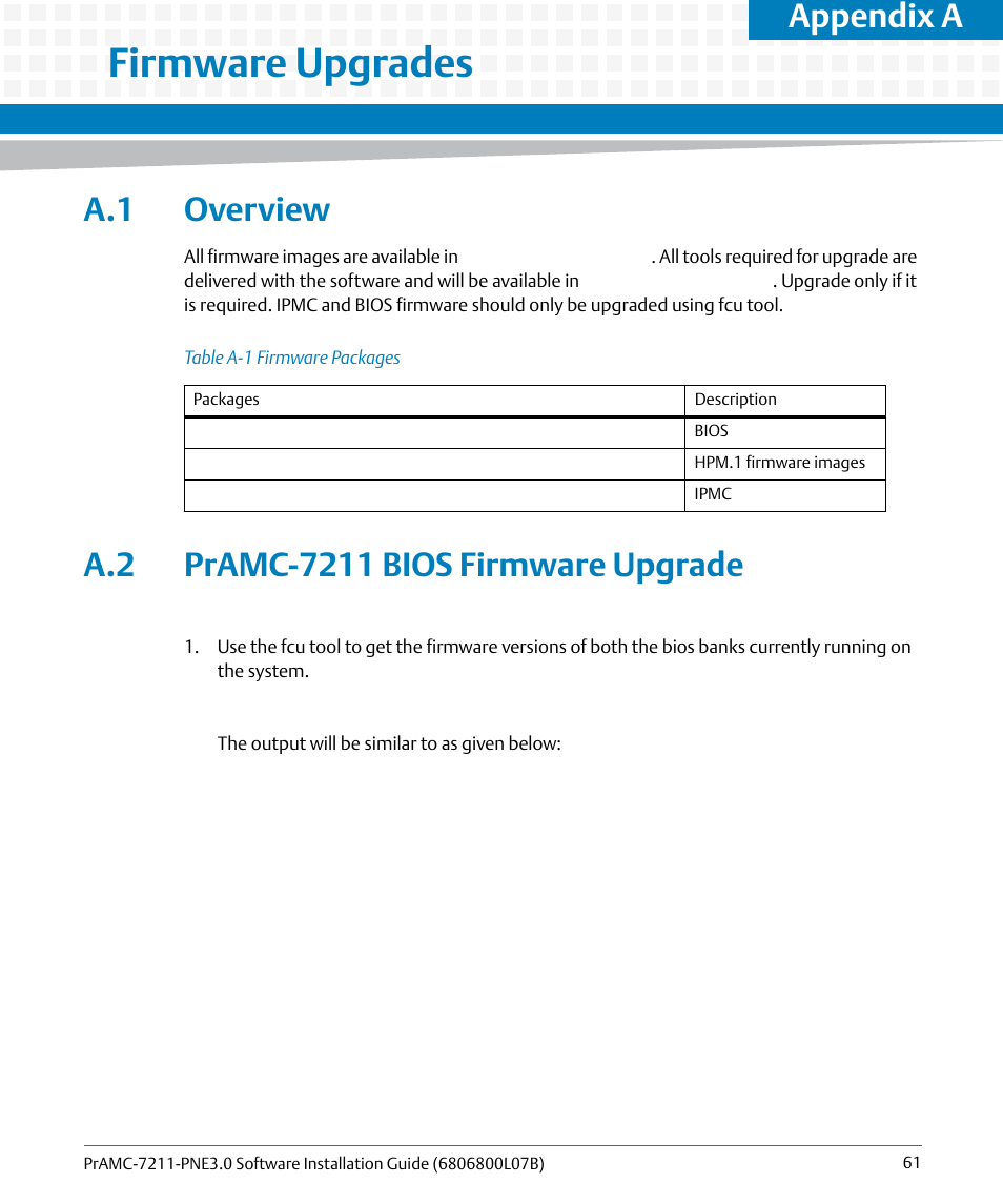 A firmware upgrades, A.1 overview, A.2 pramc-7211 bios firmware upgrade | A.1 overview a.2 pramc-7211 bios firmware upgrade, Table a-1, Firmware packages, Firmware upgrades, Appendix a | Artesyn PrAMC-7211 PNE3.0 Software Installation Guide (June 2014) User Manual | Page 61 / 70