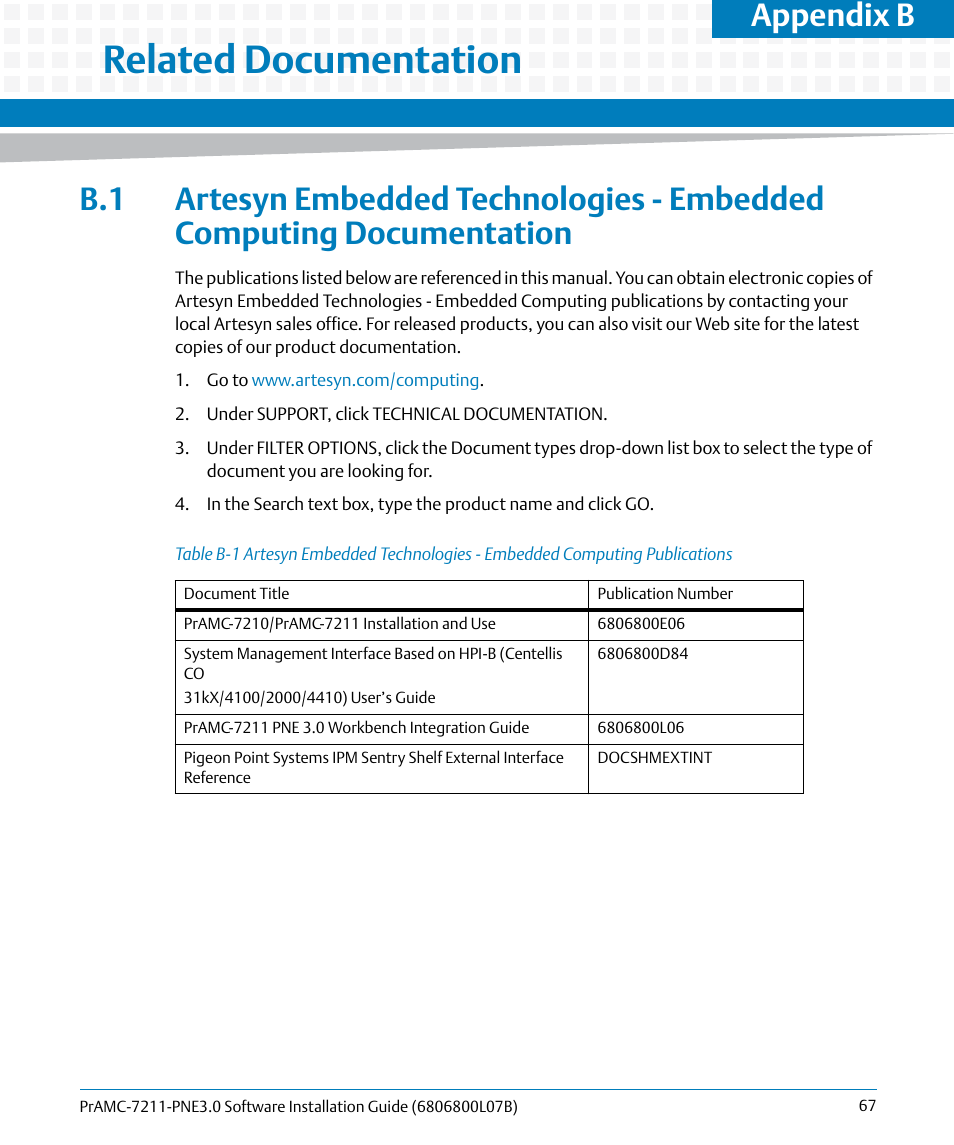 B related documentation, Related documentation, Table b-1 | Appendix b | Artesyn PrAMC-7211 PNE3.0 Software Installation Guide (June 2014) User Manual | Page 67 / 70