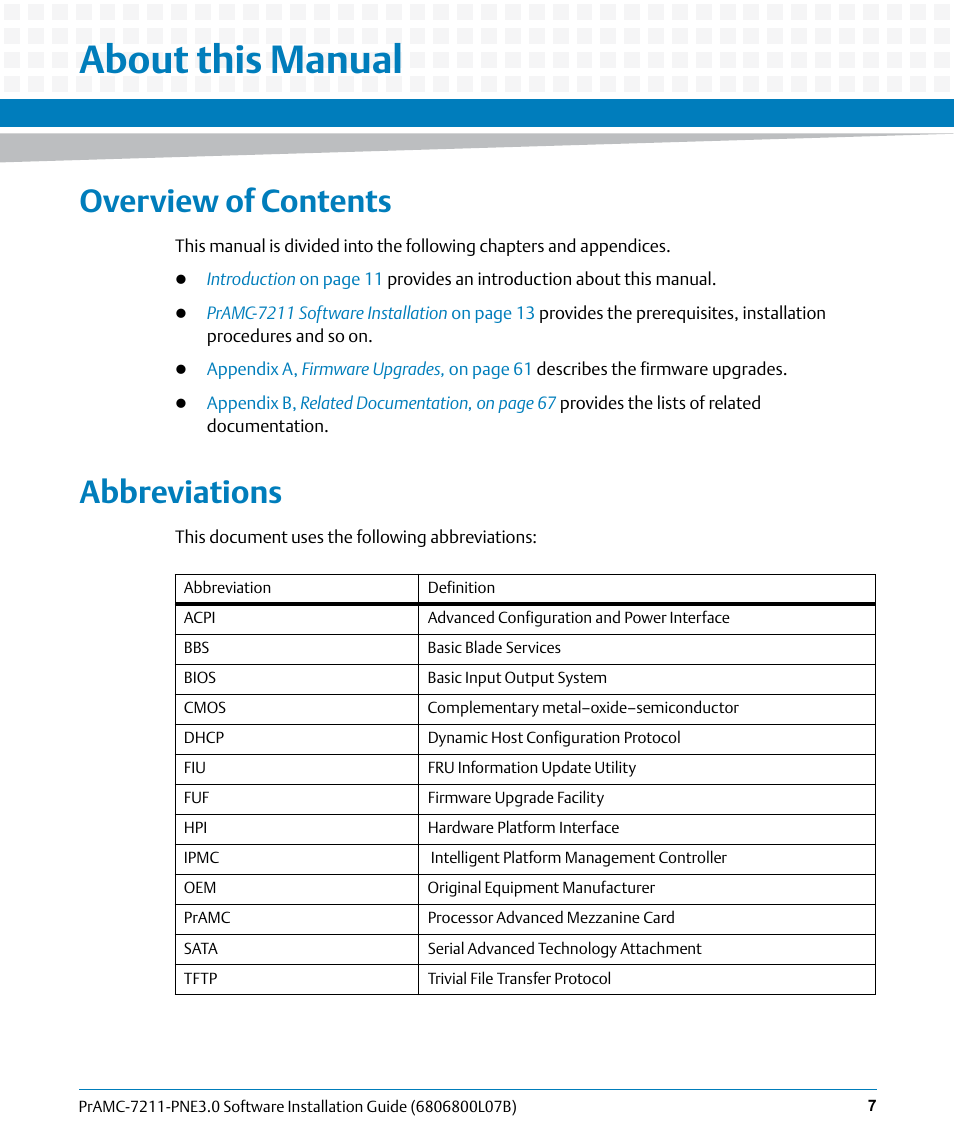 About this manual, Overview of contents, Abbreviations | Artesyn PrAMC-7211 PNE3.0 Software Installation Guide (June 2014) User Manual | Page 7 / 70