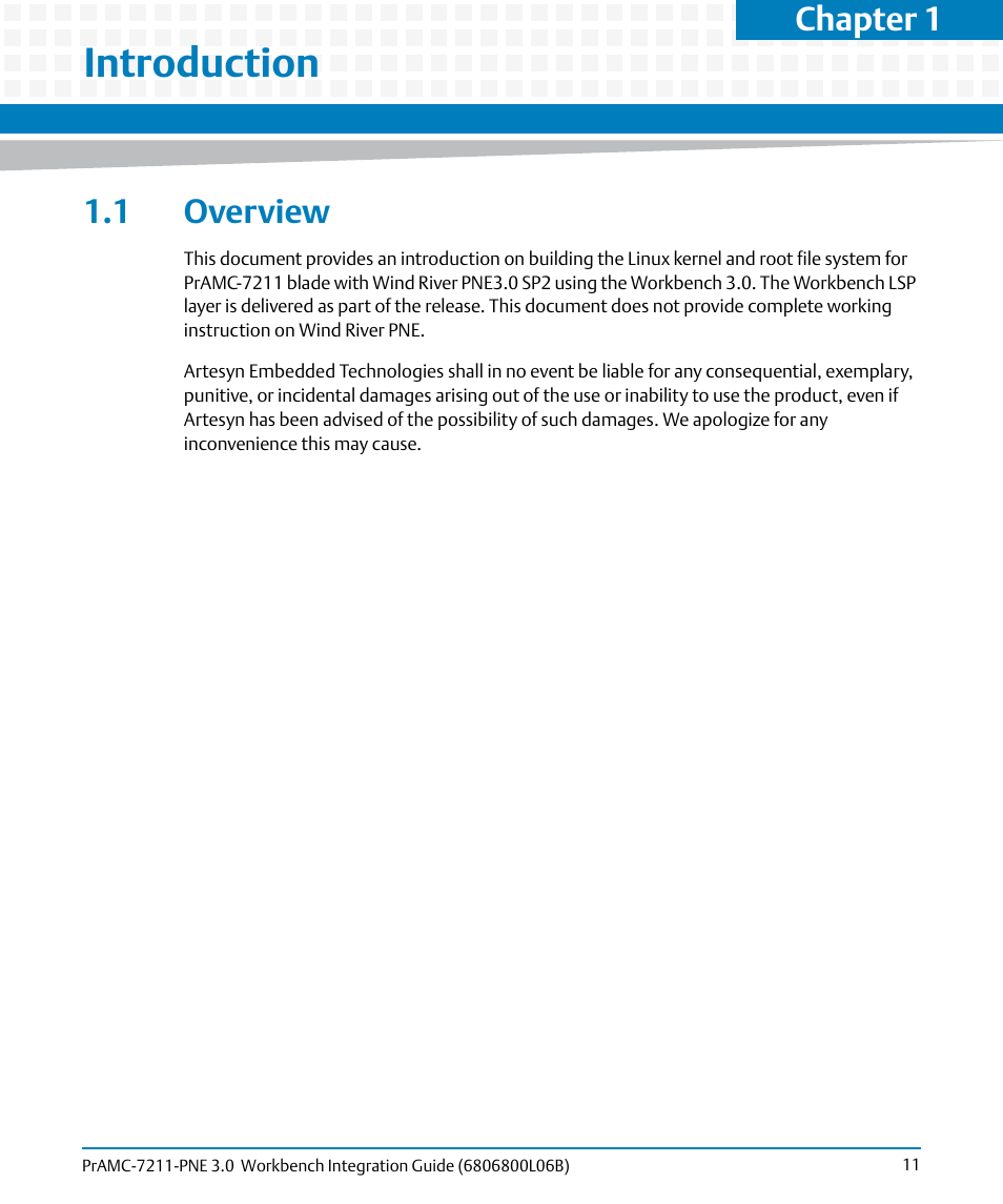 Introduction, 1 overview, Chapter 1 | Artesyn PrAMC-7211-PNE 3.0 Workbench Integration Guide (June 2014) User Manual | Page 11 / 36