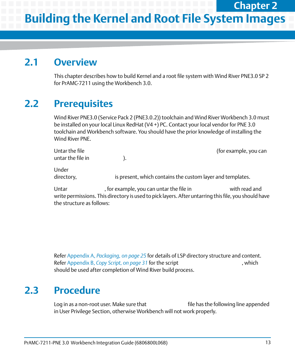 Building the kernel and root file system images, 1 overview, 2 prerequisites | 3 procedure, 1 overview 2.2 prerequisites 2.3 procedure, Chapter 2 | Artesyn PrAMC-7211-PNE 3.0 Workbench Integration Guide (June 2014) User Manual | Page 13 / 36