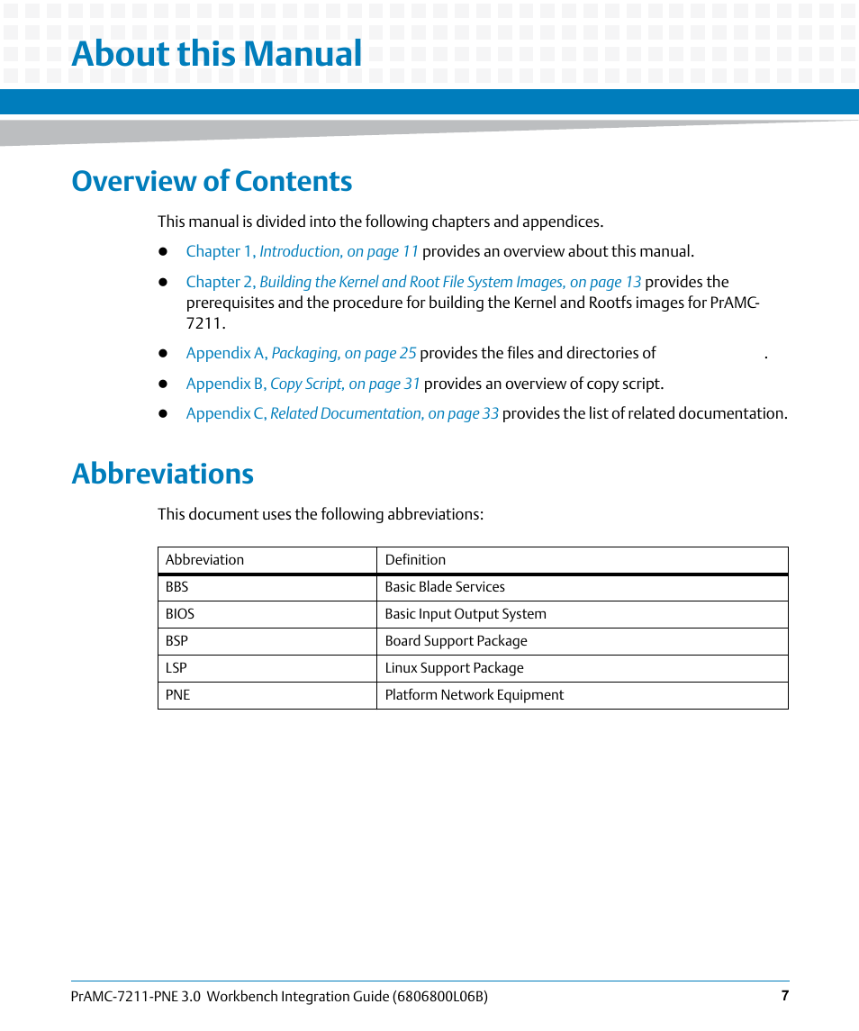 About this manual, Overview of contents, Abbreviations | Artesyn PrAMC-7211-PNE 3.0 Workbench Integration Guide (June 2014) User Manual | Page 7 / 36