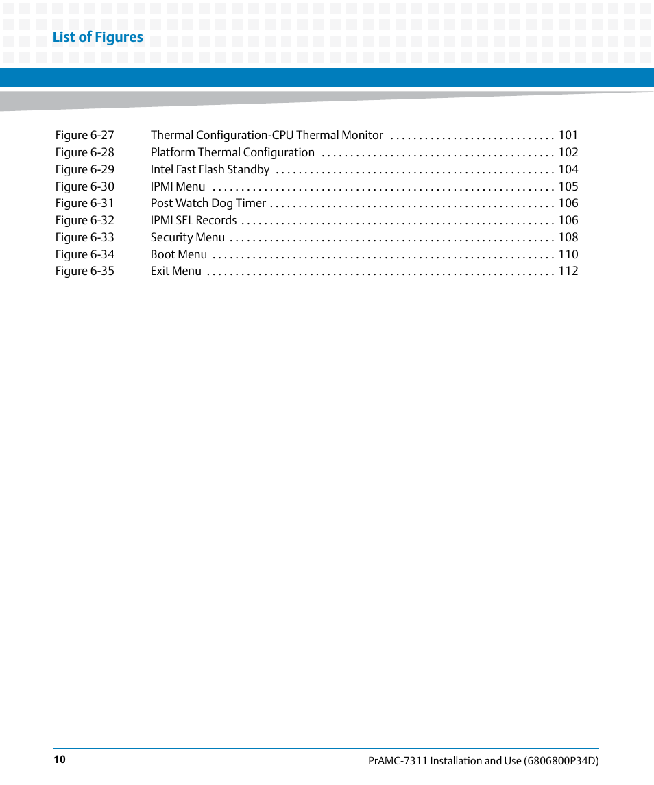 List of figures | Artesyn PrAMC-7311 Installation and Use (June 2014) User Manual | Page 10 / 126