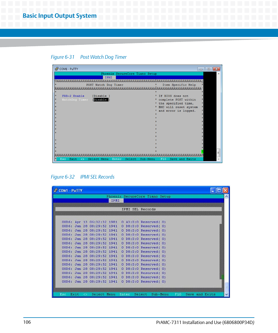 Figure 6-31, Post watch dog timer, Figure 6-32 | Ipmi sel records, Basic input output system | Artesyn PrAMC-7311 Installation and Use (June 2014) User Manual | Page 106 / 126