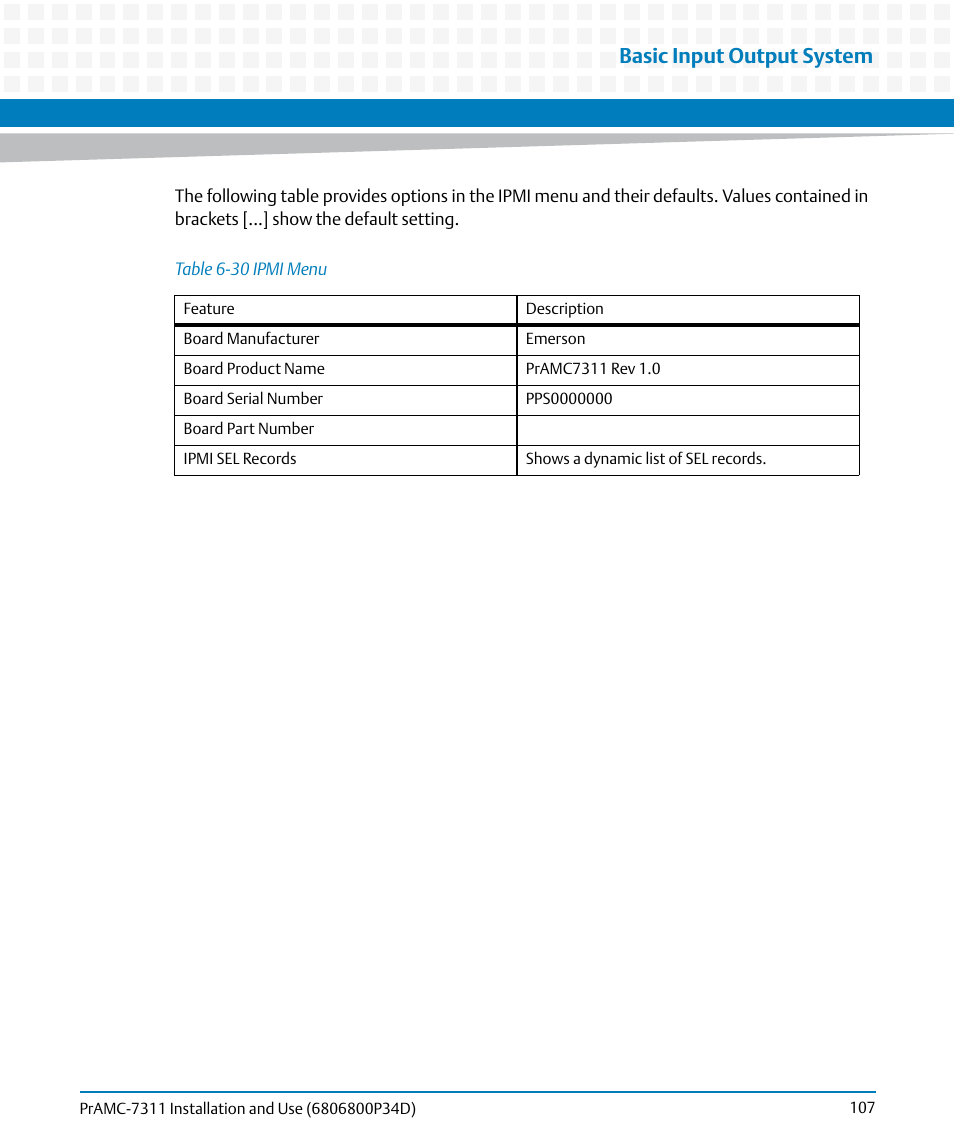 Table 6-30, Ipmi menu, Basic input output system | Artesyn PrAMC-7311 Installation and Use (June 2014) User Manual | Page 107 / 126