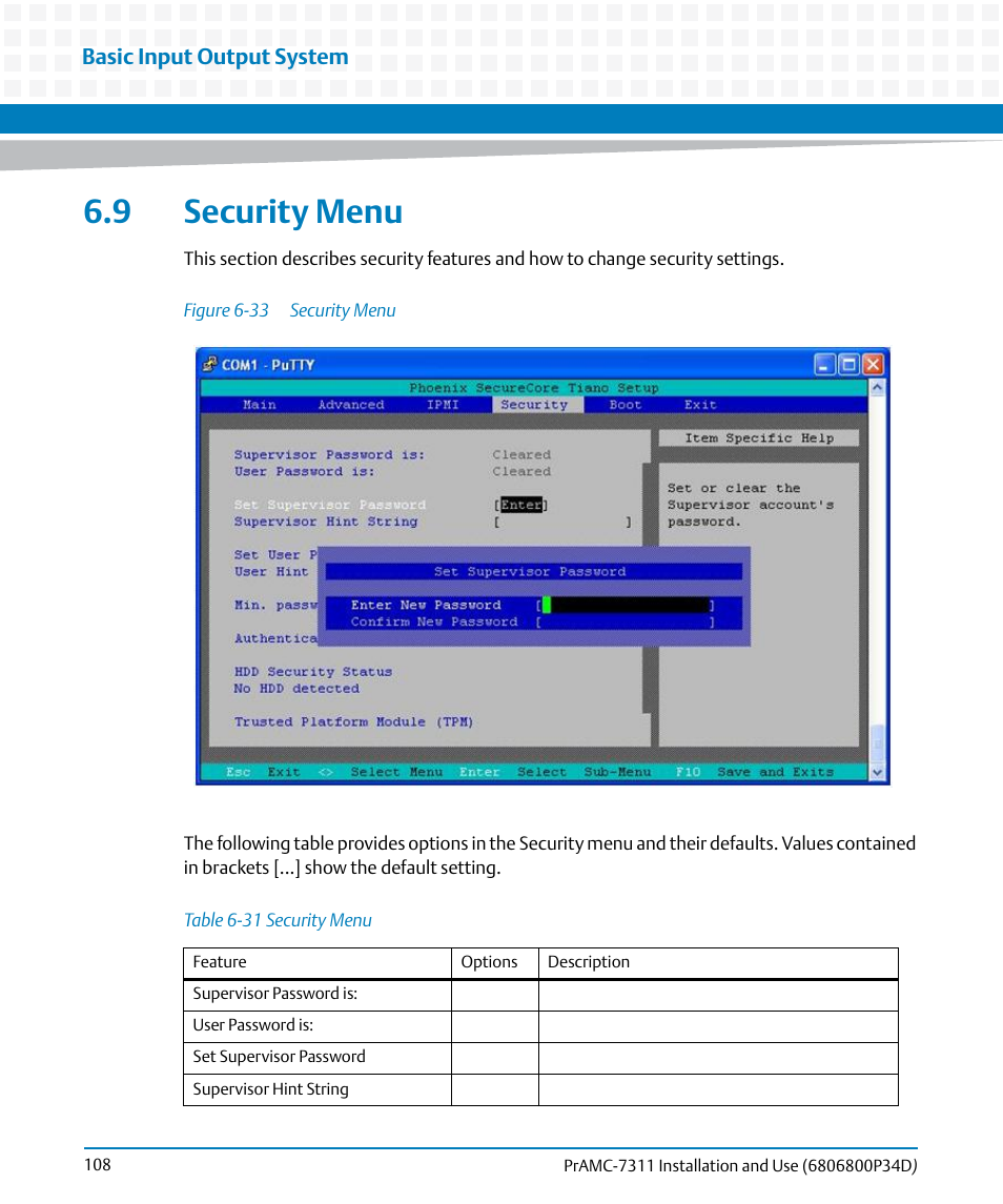 9 security menu, Table 6-31, Security menu | Figure 6-33 | Artesyn PrAMC-7311 Installation and Use (June 2014) User Manual | Page 108 / 126