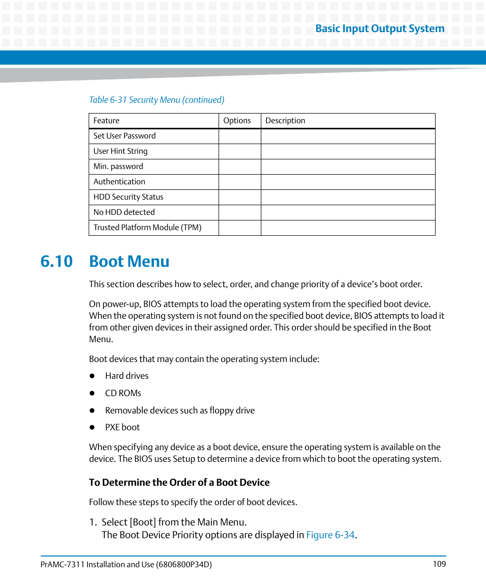 10 boot menu, Basic input output system | Artesyn PrAMC-7311 Installation and Use (June 2014) User Manual | Page 109 / 126
