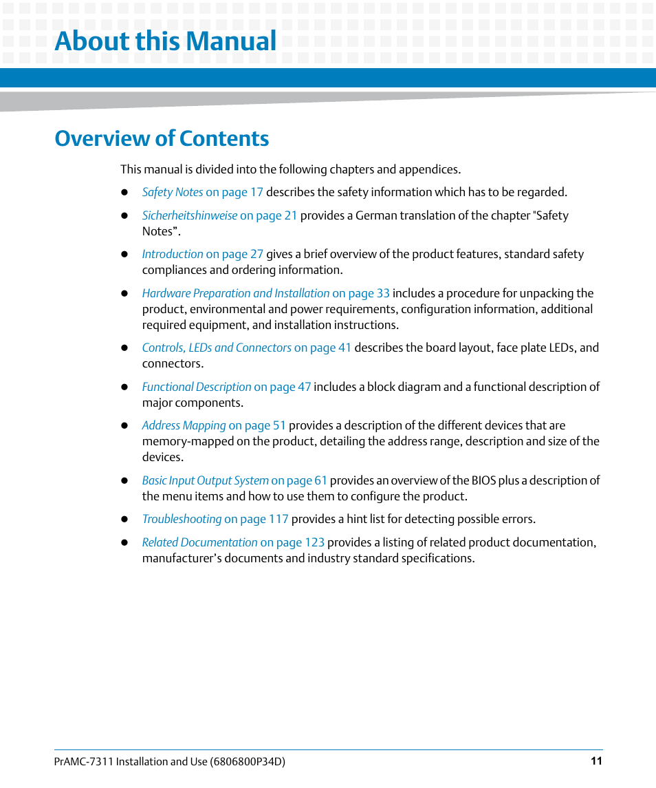 About this manual, Overview of contents | Artesyn PrAMC-7311 Installation and Use (June 2014) User Manual | Page 11 / 126