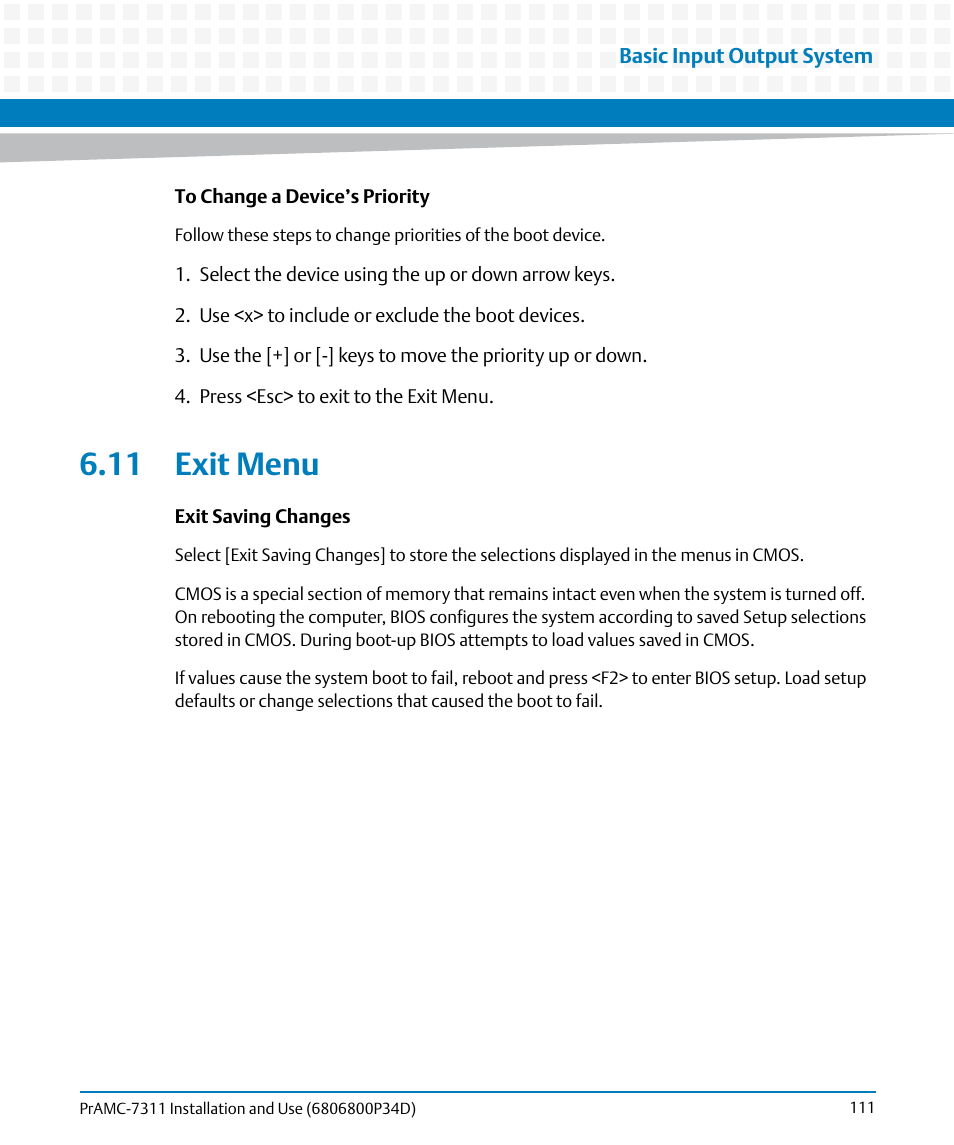 11 exit menu, Exit menu | Artesyn PrAMC-7311 Installation and Use (June 2014) User Manual | Page 111 / 126