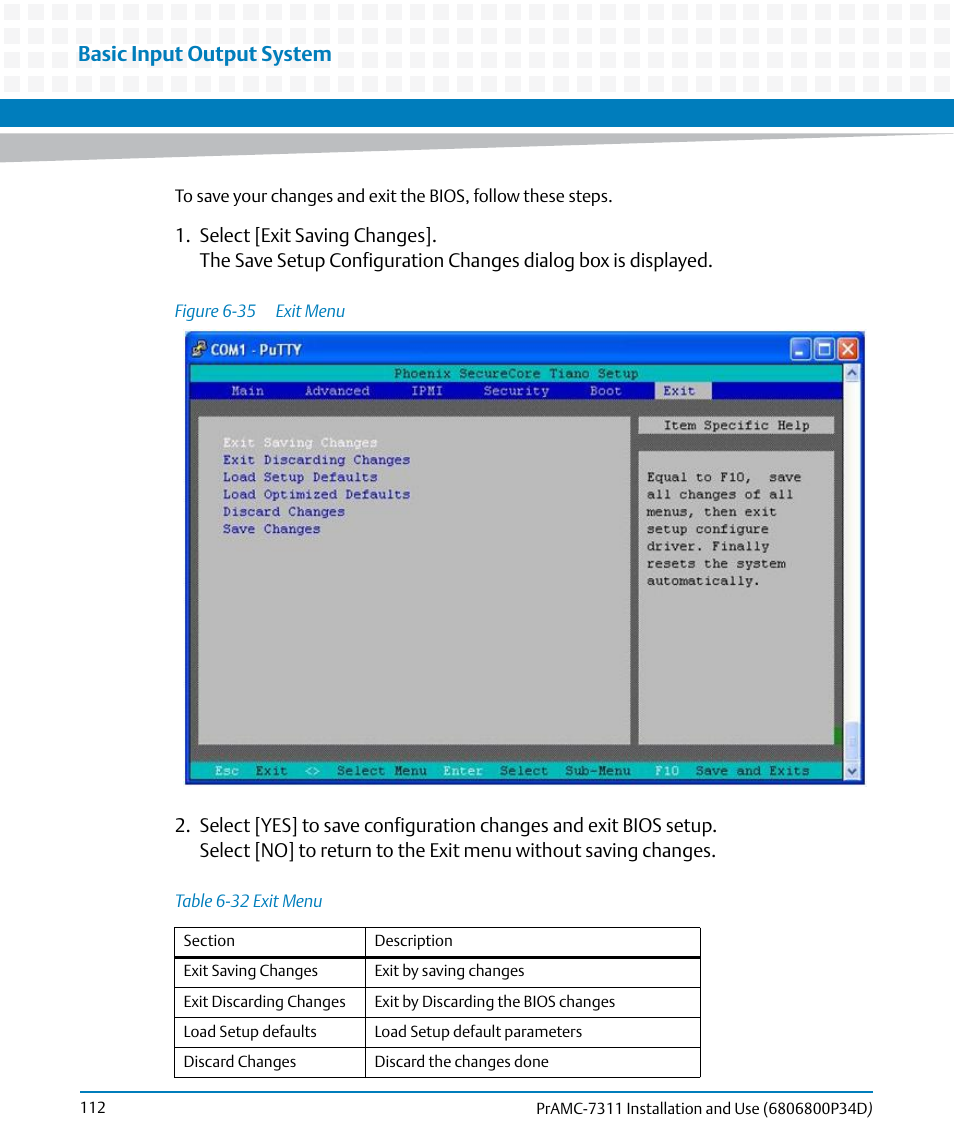 Table 6-32, Exit menu, Figure 6-35 | Basic input output system | Artesyn PrAMC-7311 Installation and Use (June 2014) User Manual | Page 112 / 126