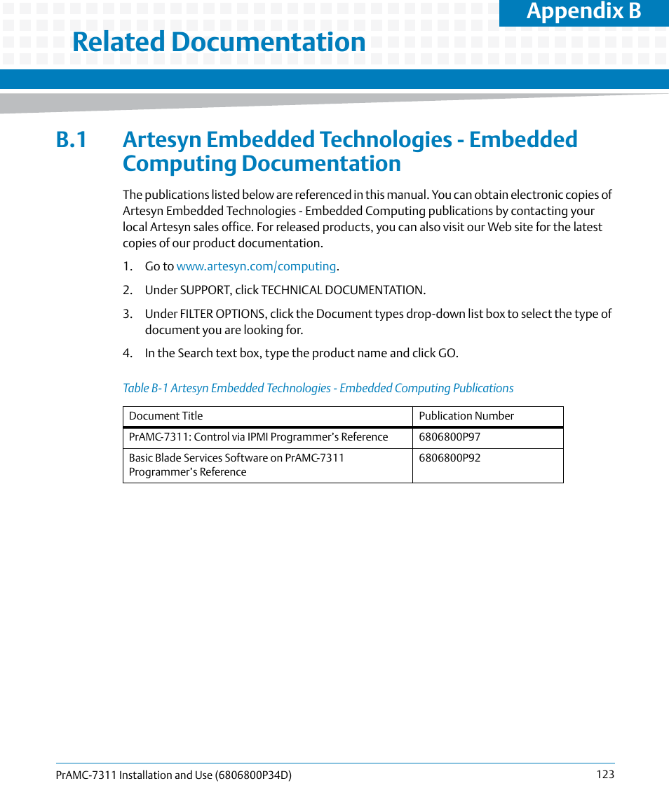 B related documentation, Related documentation, Table b-1 | Appendix b | Artesyn PrAMC-7311 Installation and Use (June 2014) User Manual | Page 123 / 126