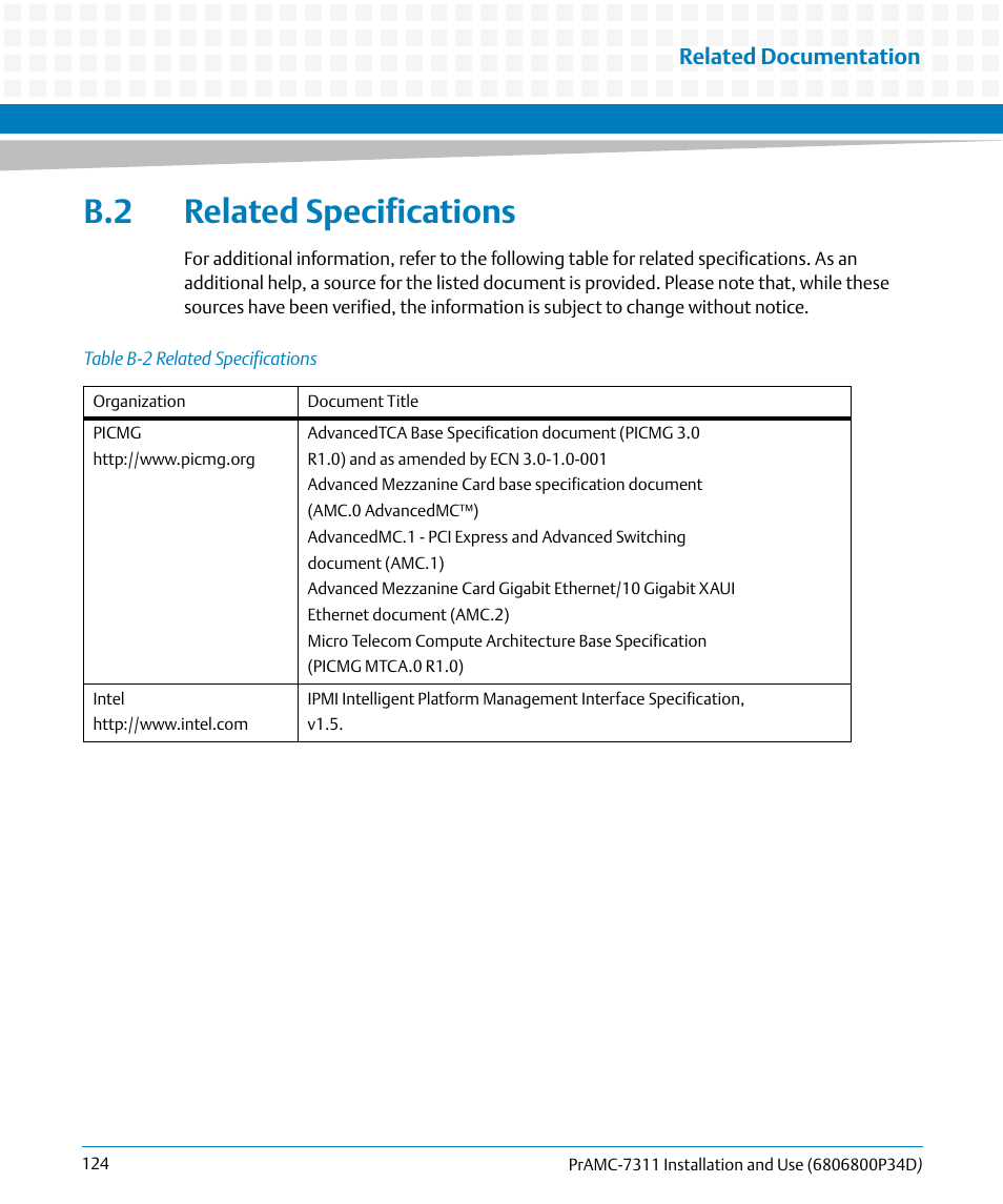 B.2 related specifications, Table b-2, Related specifications | Artesyn PrAMC-7311 Installation and Use (June 2014) User Manual | Page 124 / 126