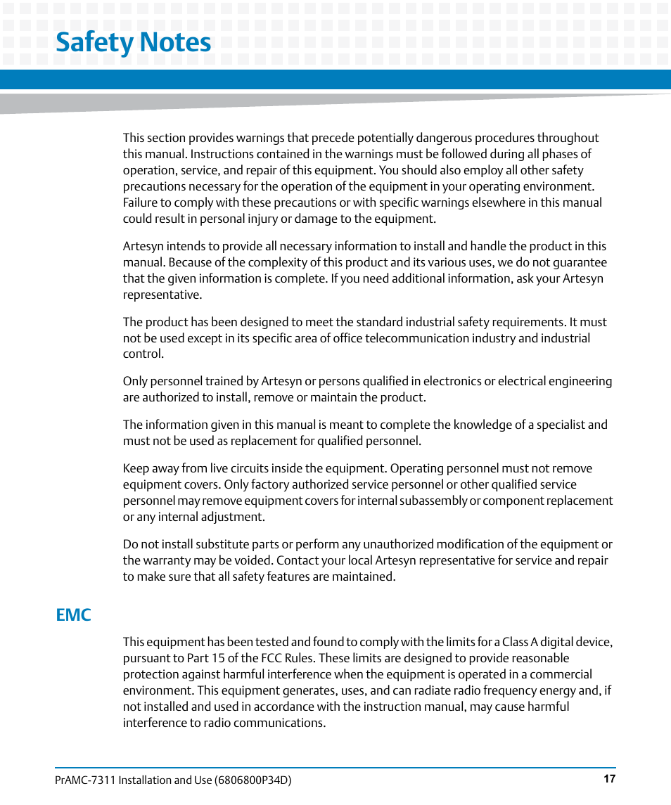 Safety notes | Artesyn PrAMC-7311 Installation and Use (June 2014) User Manual | Page 17 / 126