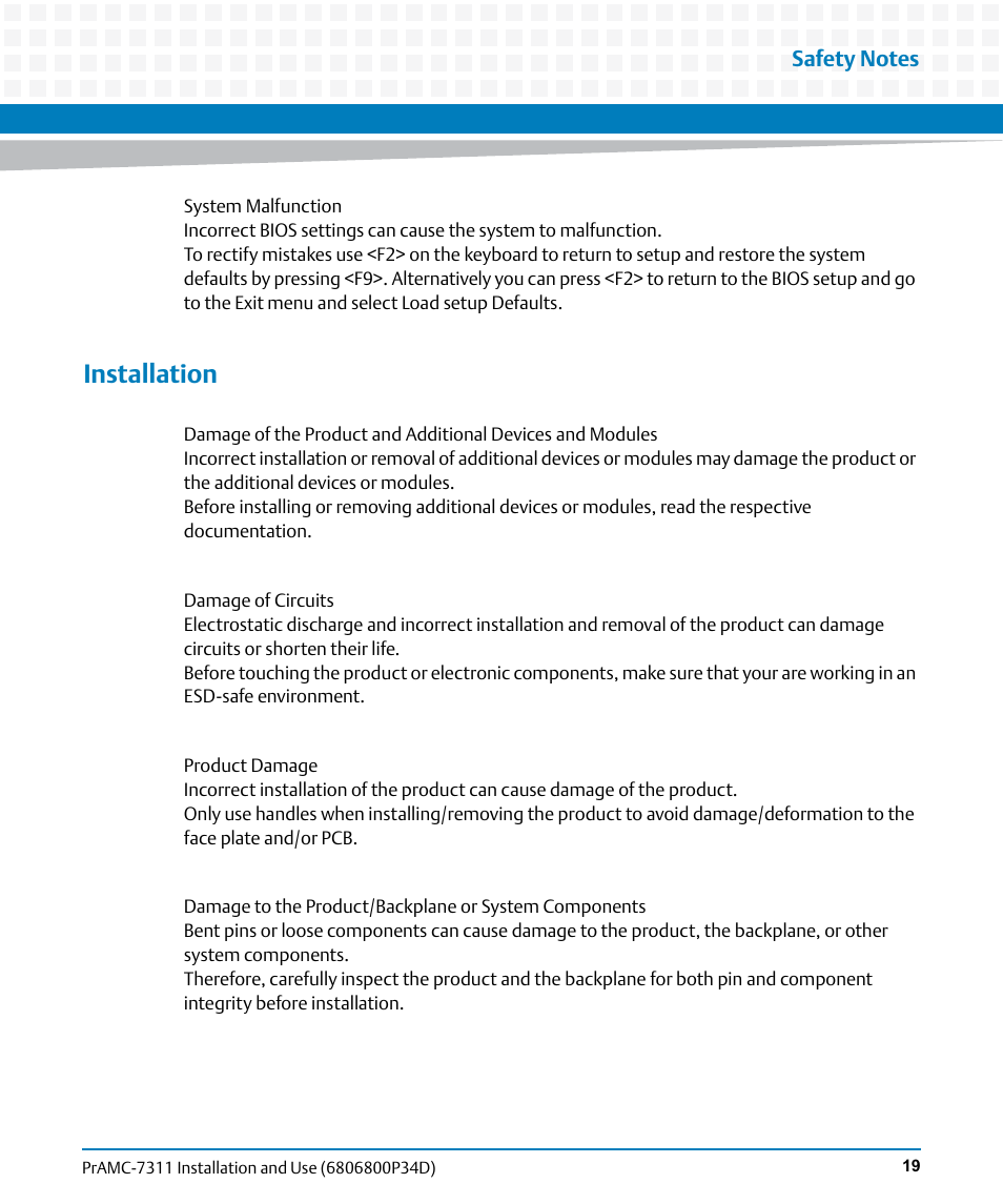 Installation | Artesyn PrAMC-7311 Installation and Use (June 2014) User Manual | Page 19 / 126