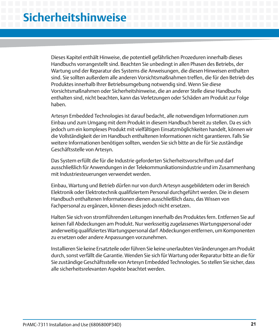 Sicherheitshinweise | Artesyn PrAMC-7311 Installation and Use (June 2014) User Manual | Page 21 / 126