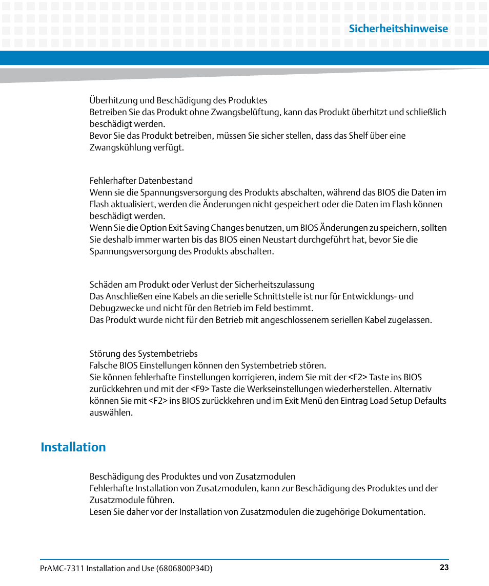 Installation, Sicherheitshinweise | Artesyn PrAMC-7311 Installation and Use (June 2014) User Manual | Page 23 / 126