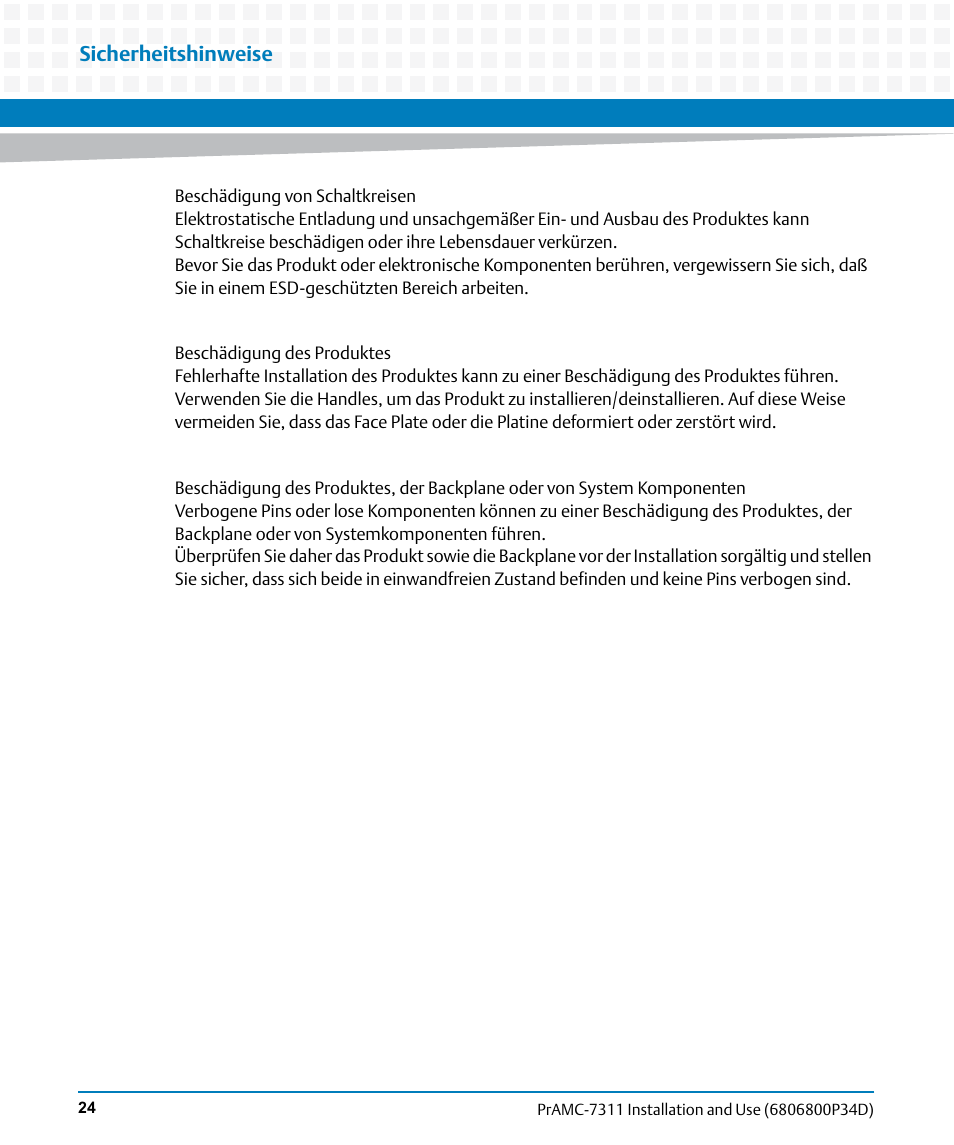 Sicherheitshinweise | Artesyn PrAMC-7311 Installation and Use (June 2014) User Manual | Page 24 / 126