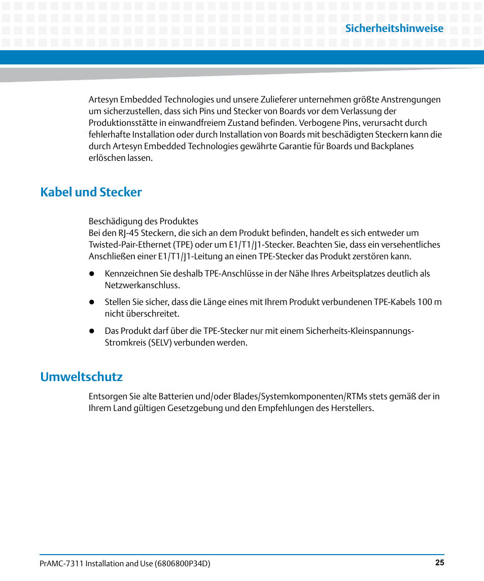 Kabel und stecker, Umweltschutz, Sicherheitshinweise | Artesyn PrAMC-7311 Installation and Use (June 2014) User Manual | Page 25 / 126