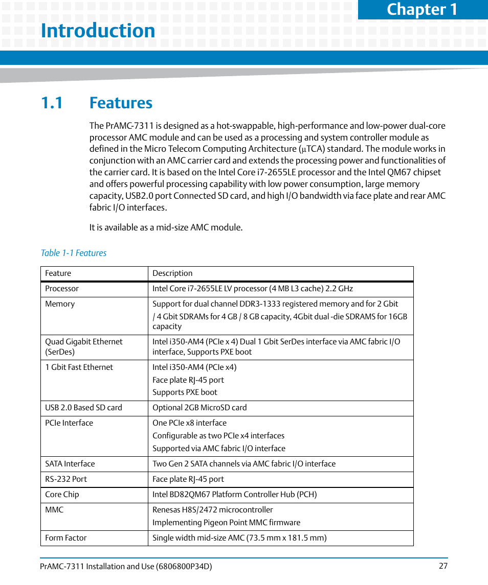 Introduction, 1 features, Table 1-1 | Features, Chapter 1 | Artesyn PrAMC-7311 Installation and Use (June 2014) User Manual | Page 27 / 126