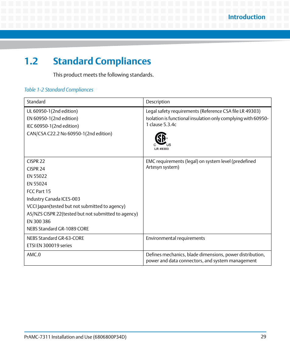 2 standard compliances, Table 1-2, Standard compliances | Introduction | Artesyn PrAMC-7311 Installation and Use (June 2014) User Manual | Page 29 / 126