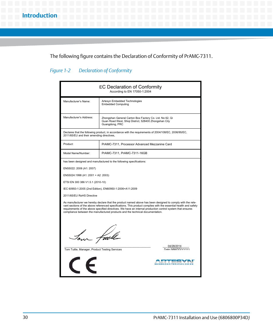 Figure 1-2, Declaration of conformity, Introduction | C declaration of conformity | Artesyn PrAMC-7311 Installation and Use (June 2014) User Manual | Page 30 / 126