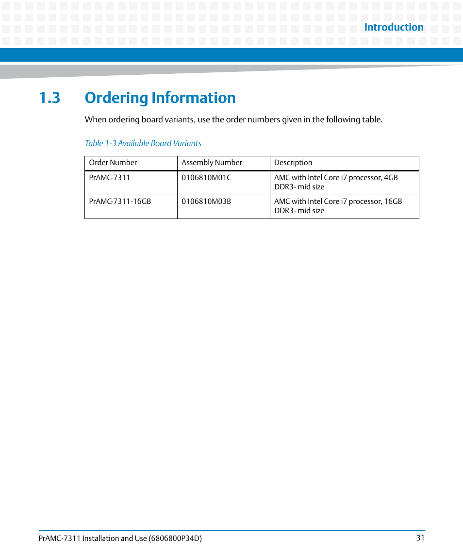 3 ordering information, Table 1-3, Available board variants | Artesyn PrAMC-7311 Installation and Use (June 2014) User Manual | Page 31 / 126