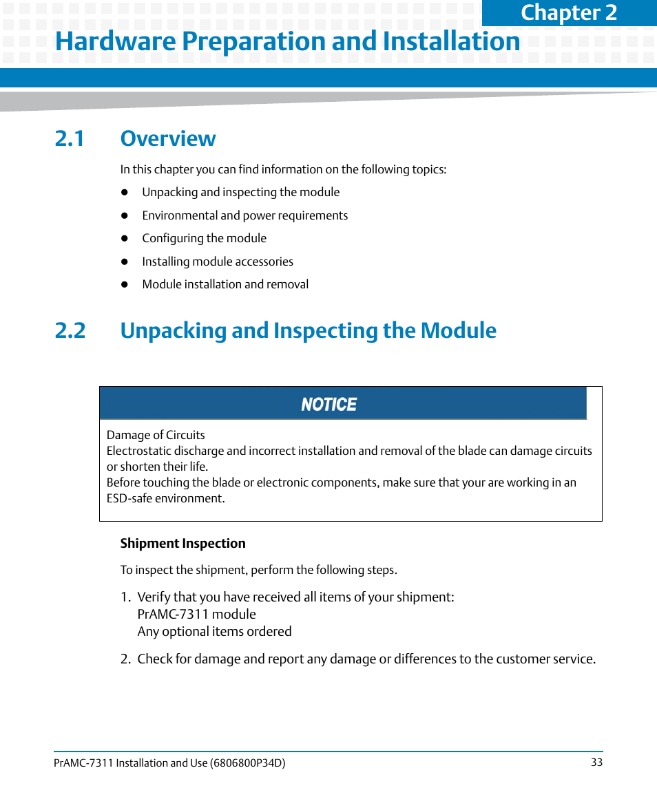 Hardware preparation and installation, 1 overview, 2 unpacking and inspecting the module | 1 overview 2.2 unpacking and inspecting the module, Chapter 2 | Artesyn PrAMC-7311 Installation and Use (June 2014) User Manual | Page 33 / 126