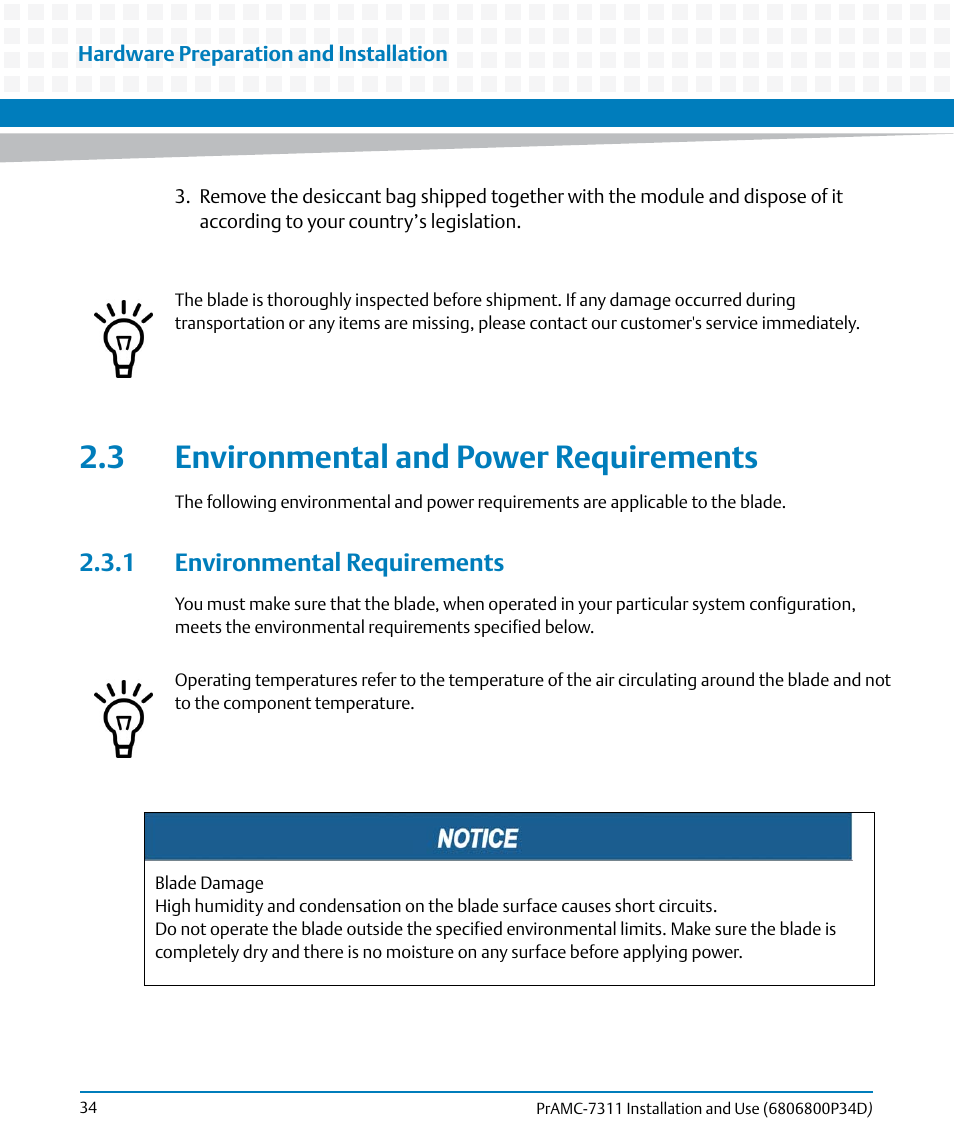 3 environmental and power requirements, 1 environmental requirements | Artesyn PrAMC-7311 Installation and Use (June 2014) User Manual | Page 34 / 126