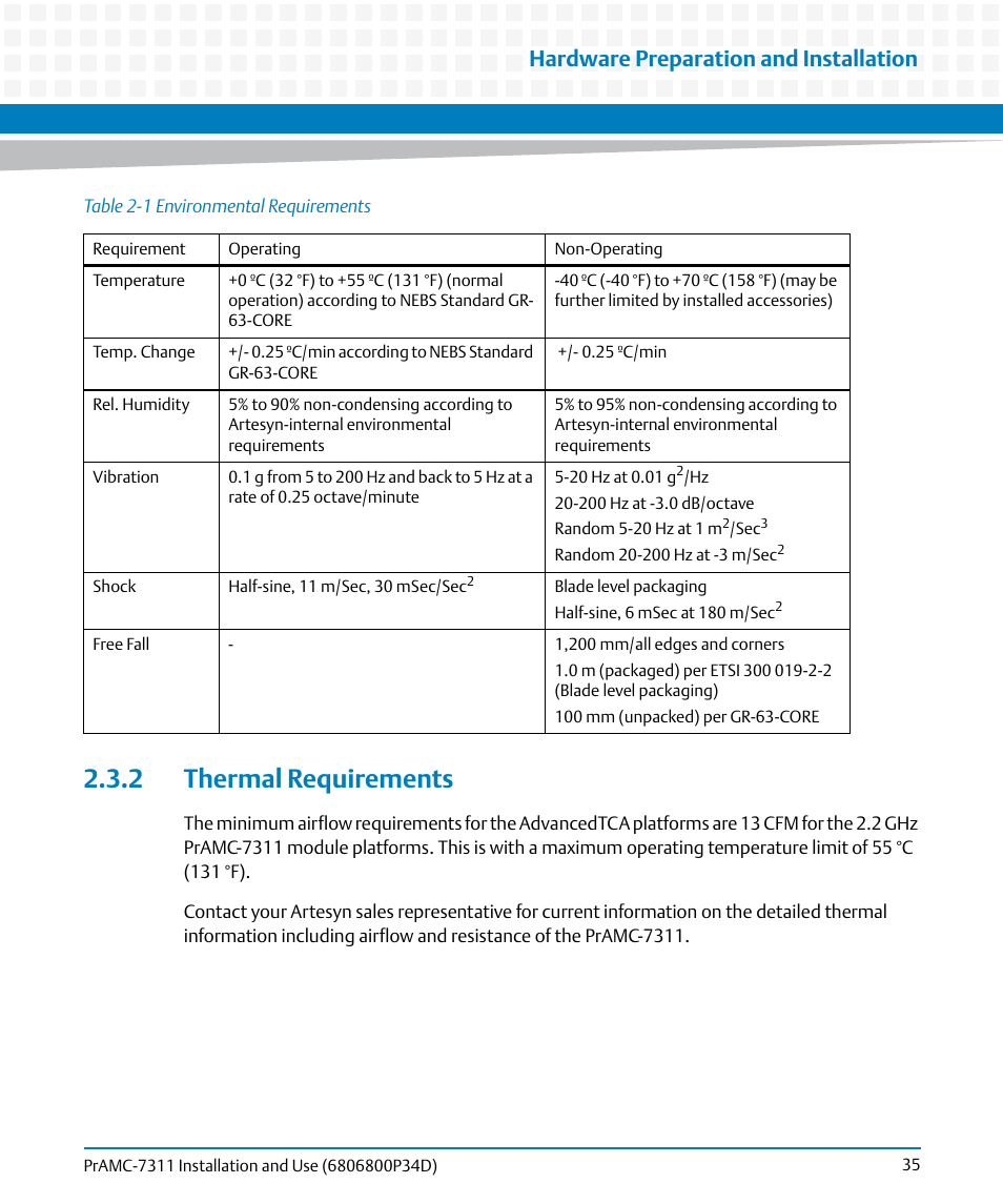 2 thermal requirements, Table 2-1, Environmental requirements | Hardware preparation and installation | Artesyn PrAMC-7311 Installation and Use (June 2014) User Manual | Page 35 / 126