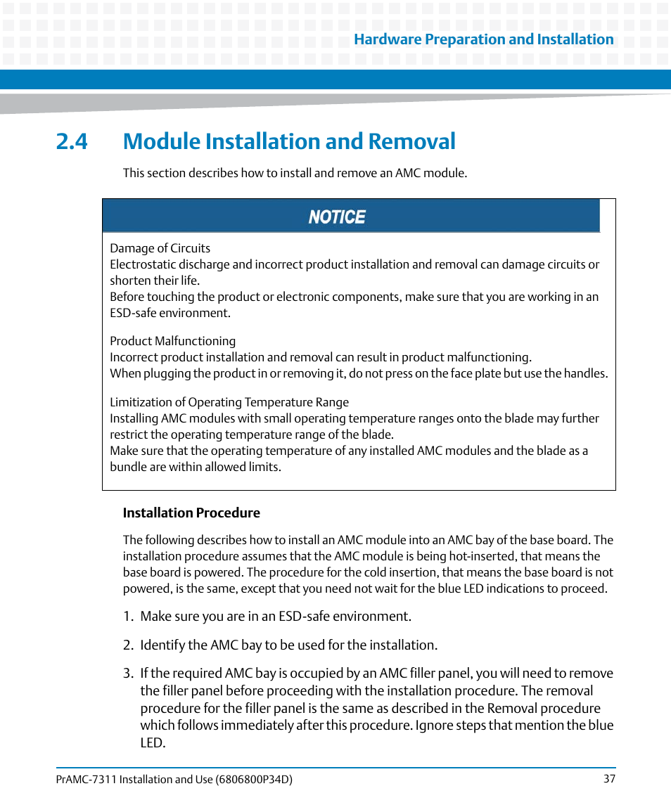 4 module installation and removal | Artesyn PrAMC-7311 Installation and Use (June 2014) User Manual | Page 37 / 126