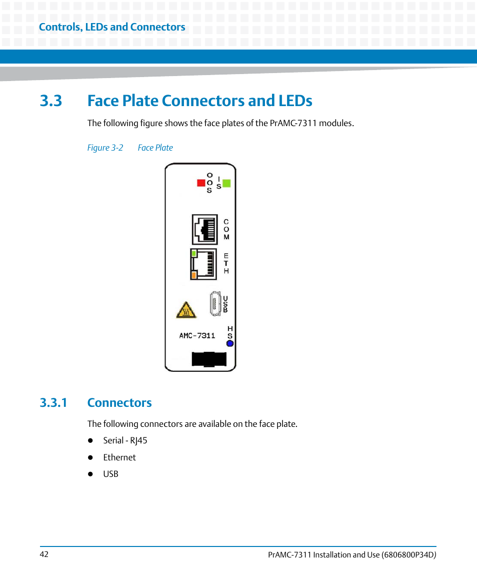3 face plate connectors and leds, 1 connectors, Figure 3-2 | Face plate, Connectors | Artesyn PrAMC-7311 Installation and Use (June 2014) User Manual | Page 42 / 126