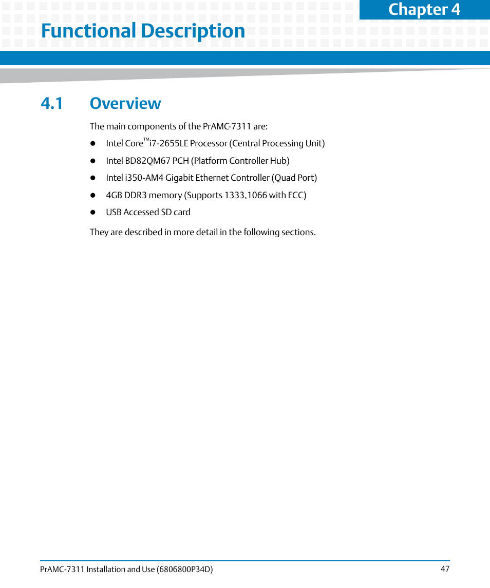 Functional description, 1 overview, Chapter 4 | Artesyn PrAMC-7311 Installation and Use (June 2014) User Manual | Page 47 / 126