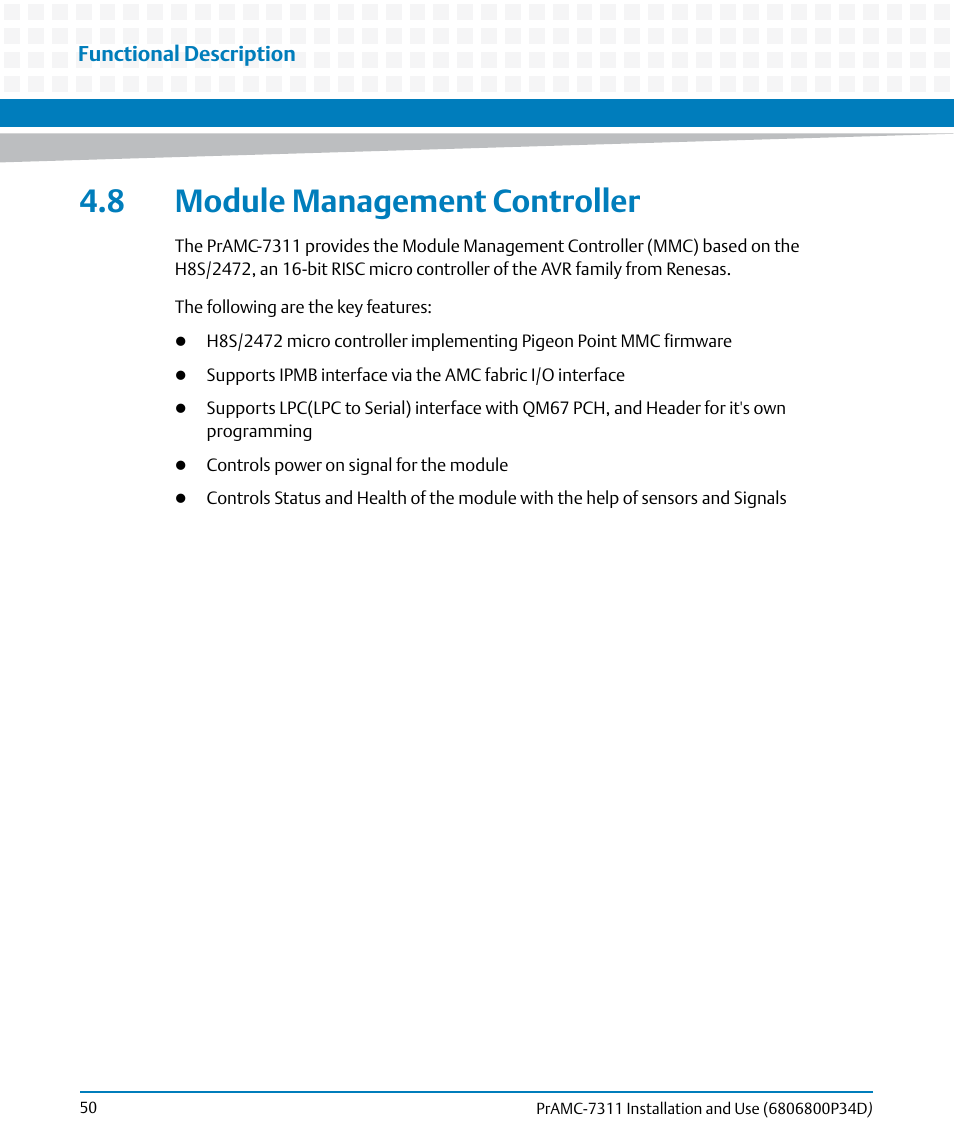 8 module management controller | Artesyn PrAMC-7311 Installation and Use (June 2014) User Manual | Page 50 / 126