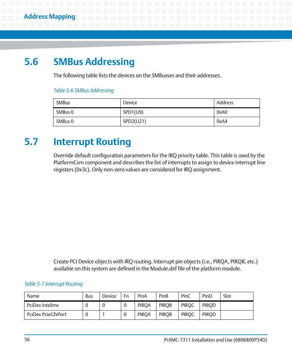 6 smbus addressing, 7 interrupt routing, 6 smbus addressing 5.7 interrupt routing | Table 5-6, Smbus addressing, Table 5-7, Interrupt routing, Address mapping | Artesyn PrAMC-7311 Installation and Use (June 2014) User Manual | Page 56 / 126