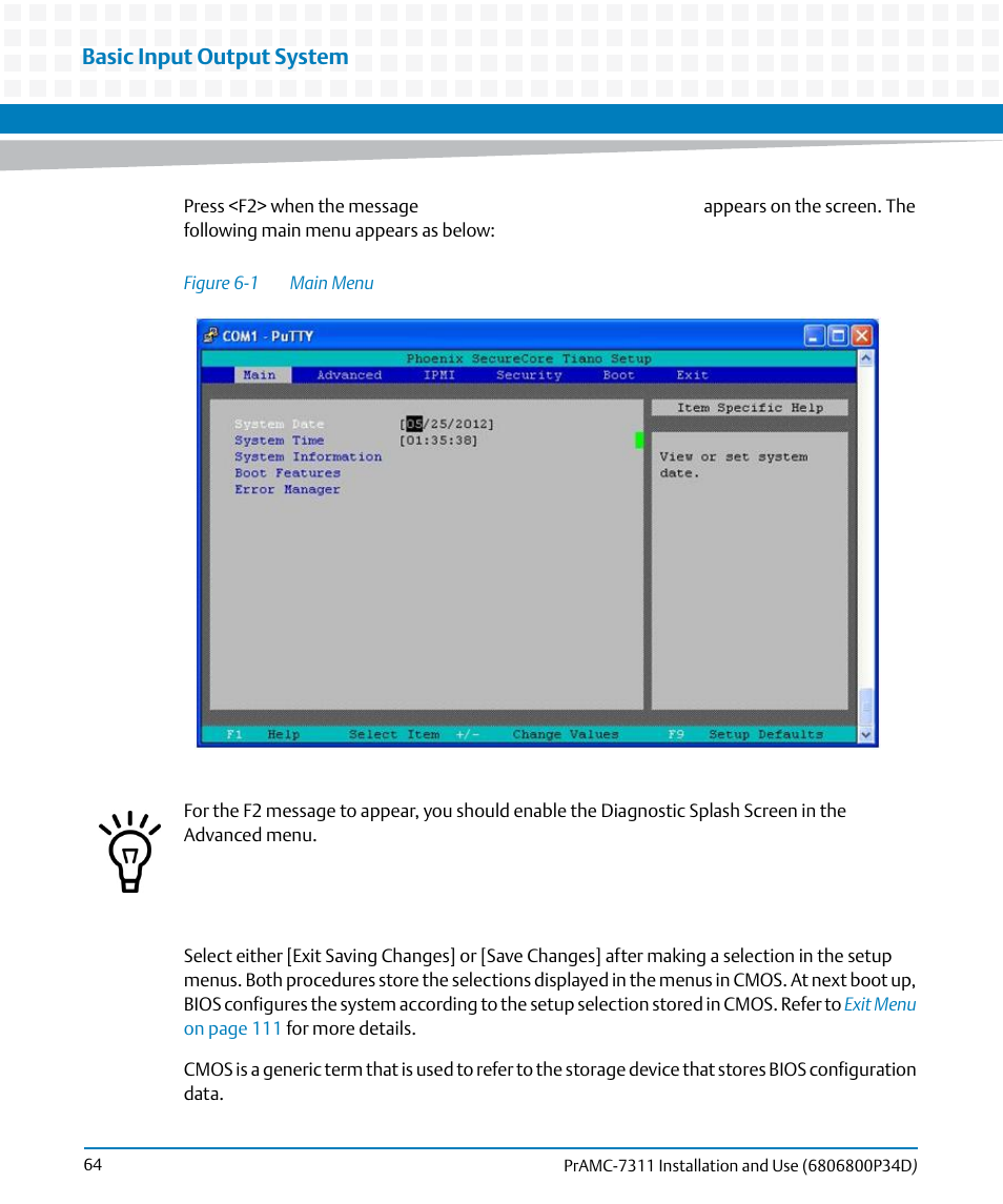 Figure 6-1, Main menu, Basic input output system | Artesyn PrAMC-7311 Installation and Use (June 2014) User Manual | Page 64 / 126