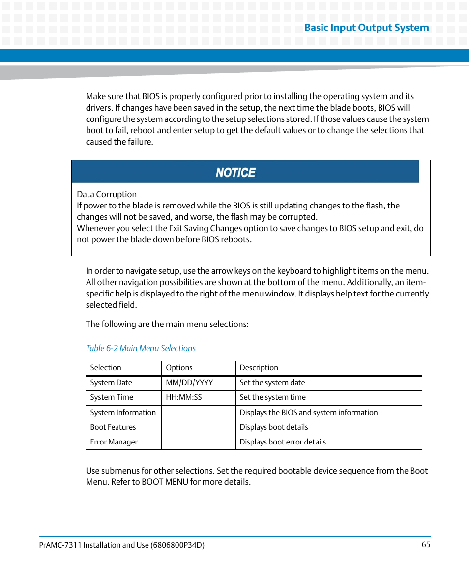 Table 6-2, Main menu selections, Basic input output system | Artesyn PrAMC-7311 Installation and Use (June 2014) User Manual | Page 65 / 126