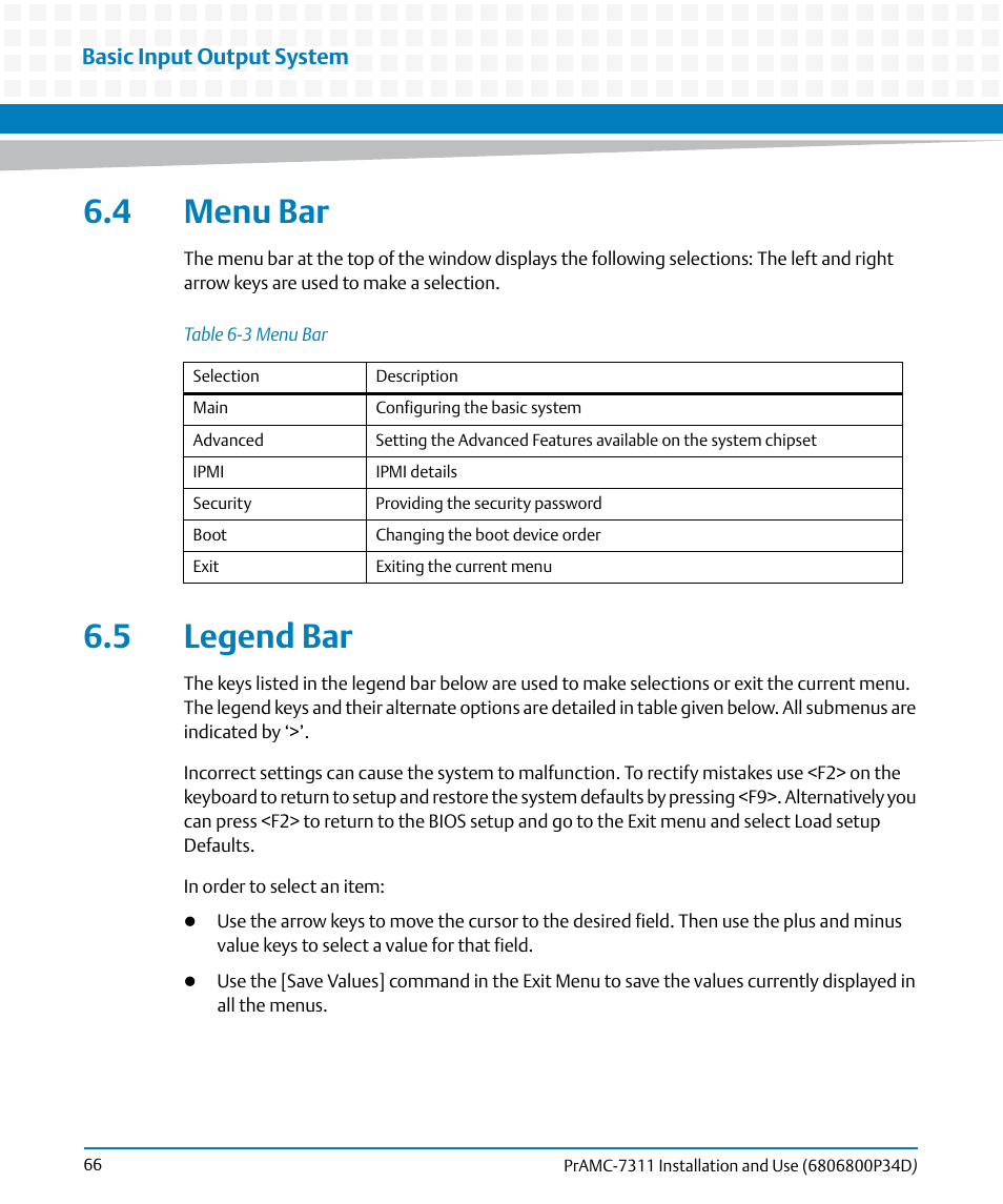 4 menu bar, 5 legend bar, 4 menu bar 6.5 legend bar | Table 6-3, Menu bar | Artesyn PrAMC-7311 Installation and Use (June 2014) User Manual | Page 66 / 126