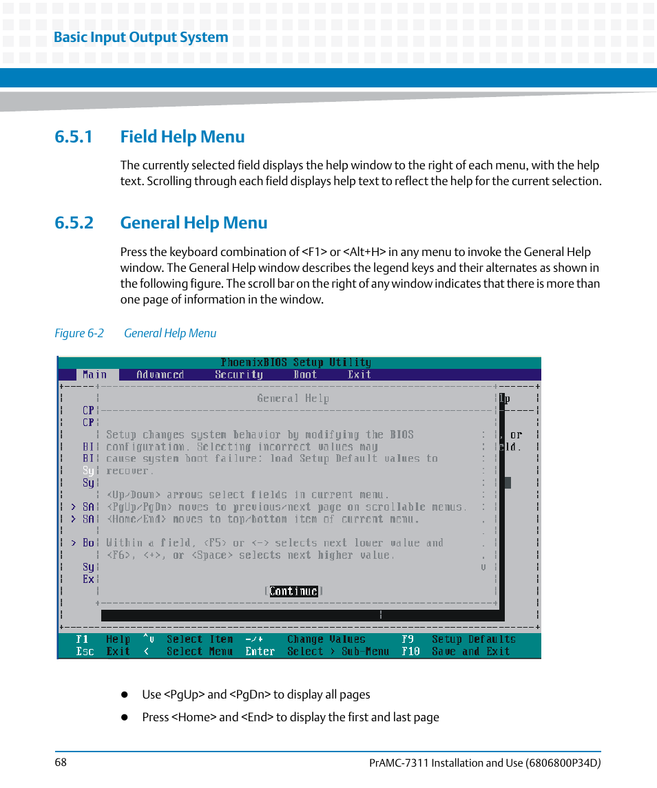 1 field help menu, 2 general help menu, 1 field help menu 6.5.2 general help menu | Figure 6-2, General help menu | Artesyn PrAMC-7311 Installation and Use (June 2014) User Manual | Page 68 / 126