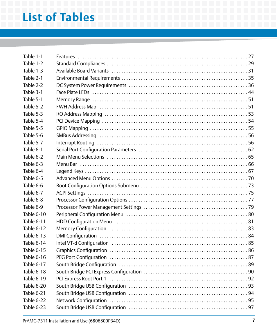 List of tables | Artesyn PrAMC-7311 Installation and Use (June 2014) User Manual | Page 7 / 126