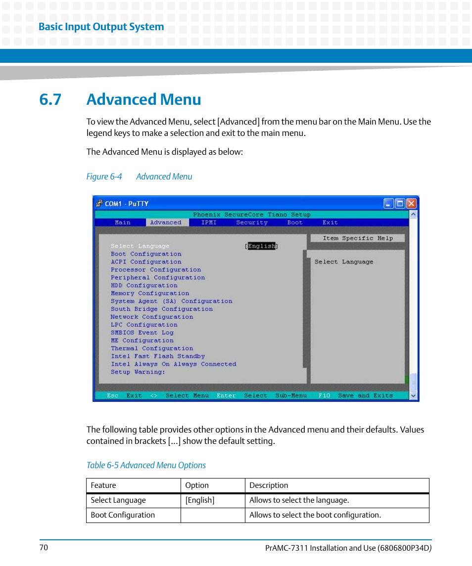 7 advanced menu, Table 6-5, Advanced menu options | Figure 6-4, Advanced menu | Artesyn PrAMC-7311 Installation and Use (June 2014) User Manual | Page 70 / 126
