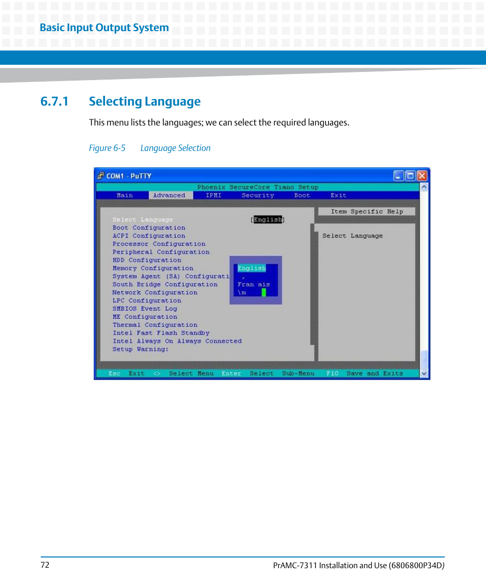 1 selecting language, Figure 6-5, Language selection | Artesyn PrAMC-7311 Installation and Use (June 2014) User Manual | Page 72 / 126