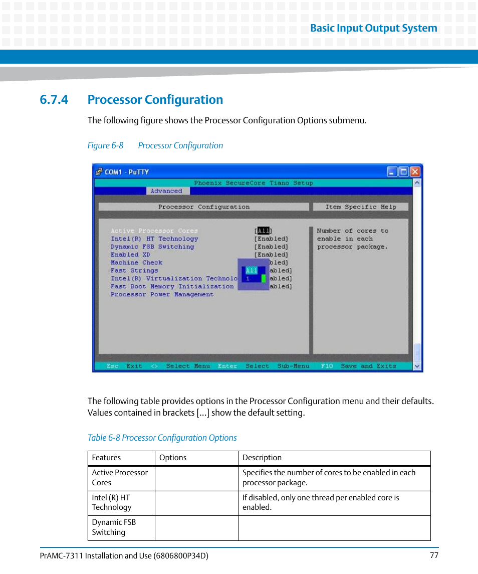 4 processor configuration, Table 6-8, Processor configuration options | Figure 6-8, Processor configuration, Basic input output system | Artesyn PrAMC-7311 Installation and Use (June 2014) User Manual | Page 77 / 126