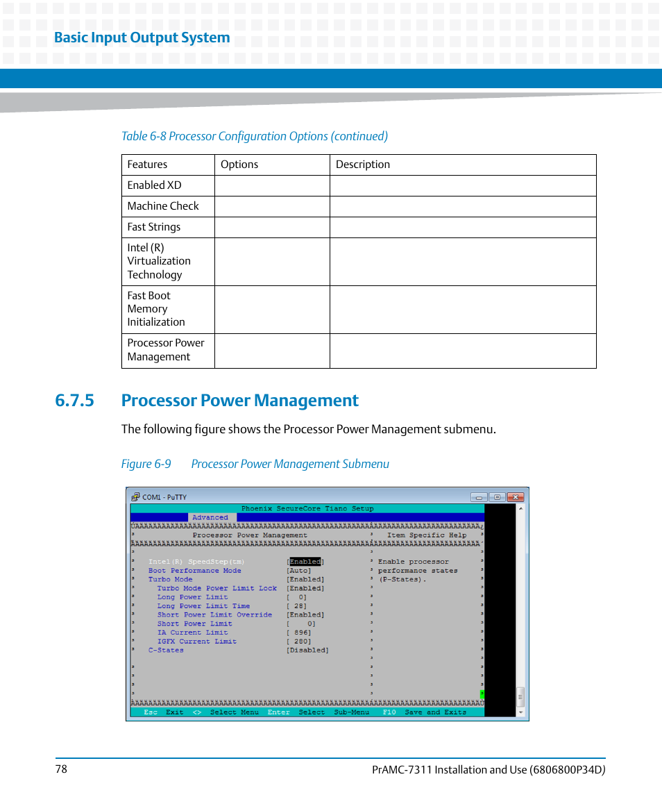 5 processor power management, Figure 6-9, Processor power management submenu | Basic input output system | Artesyn PrAMC-7311 Installation and Use (June 2014) User Manual | Page 78 / 126