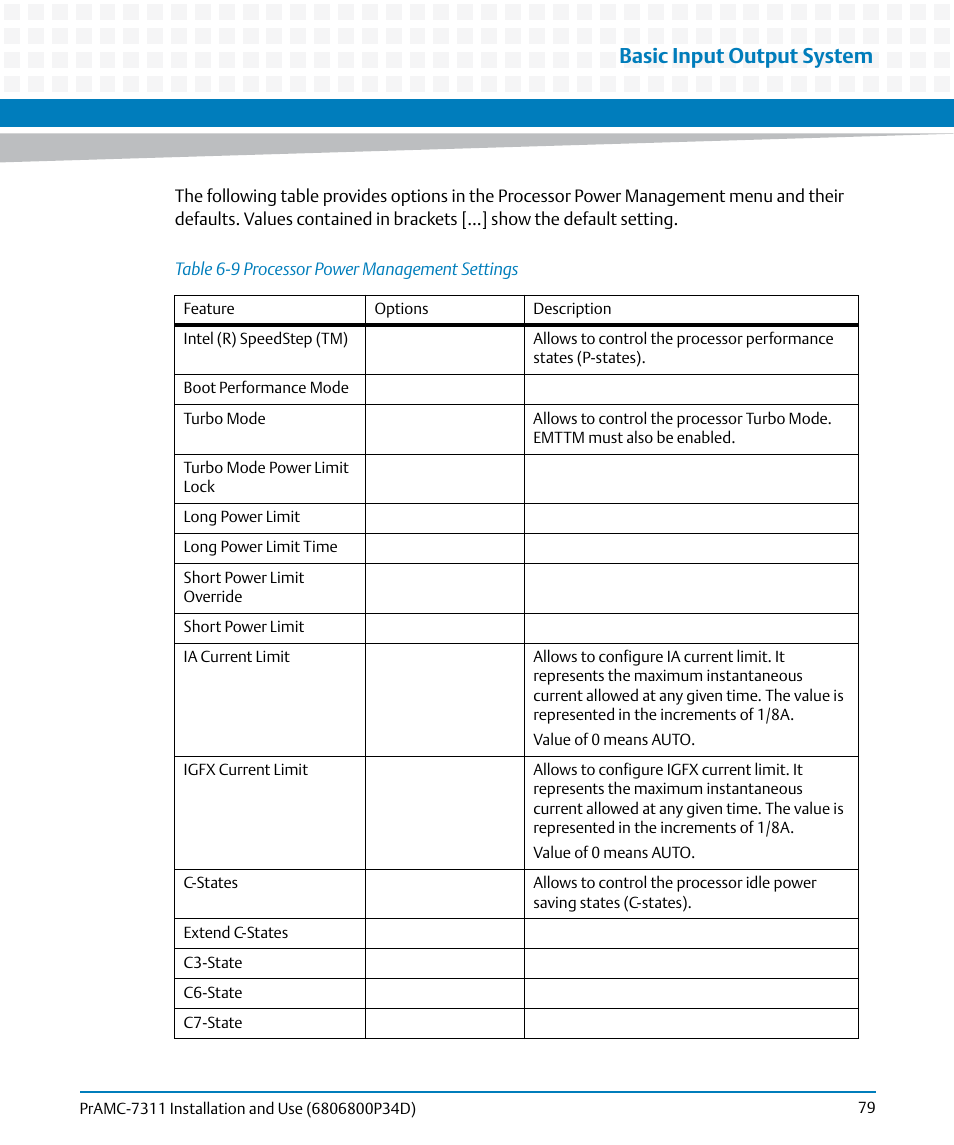 Table 6-9, Processor power management settings, Basic input output system | Artesyn PrAMC-7311 Installation and Use (June 2014) User Manual | Page 79 / 126