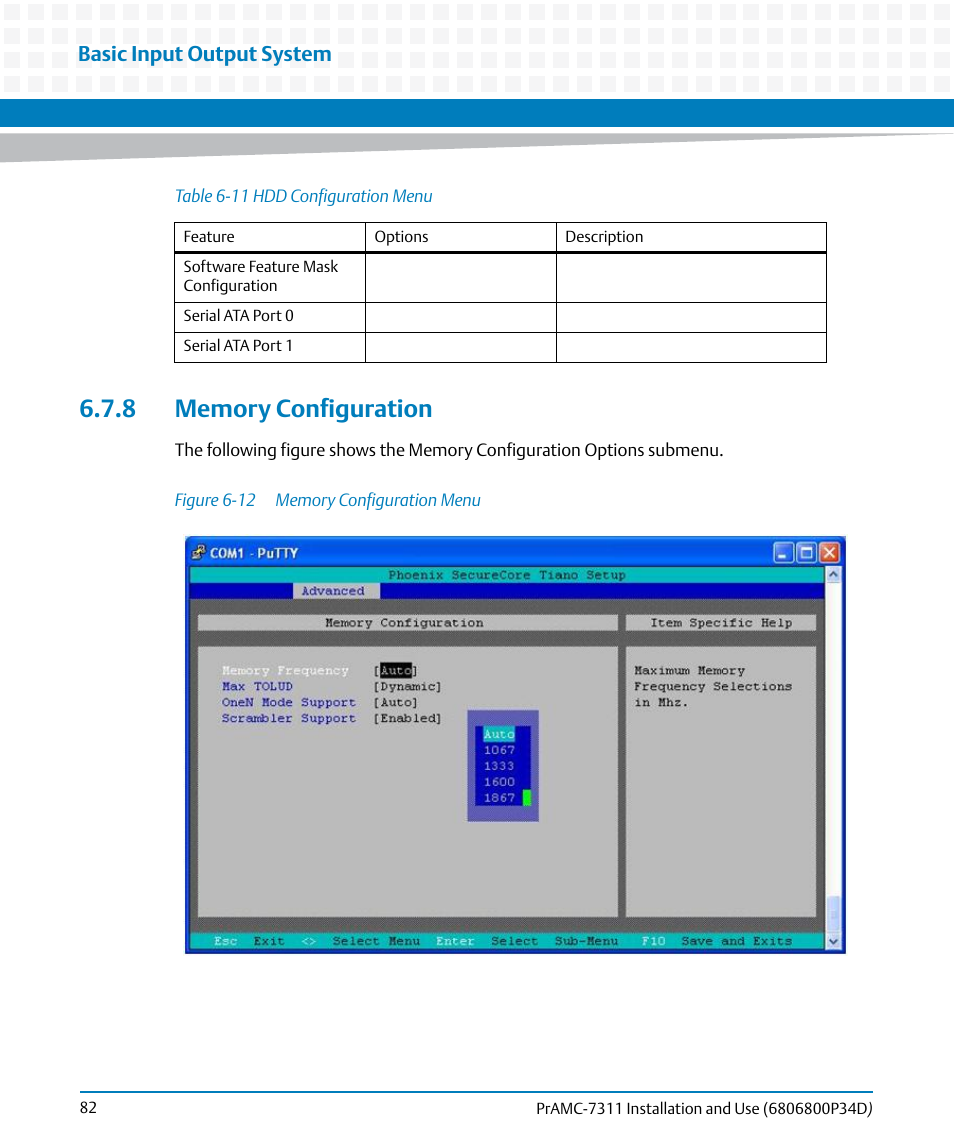 8 memory configuration, Figure 6-12, Memory configuration menu | Basic input output system | Artesyn PrAMC-7311 Installation and Use (June 2014) User Manual | Page 82 / 126