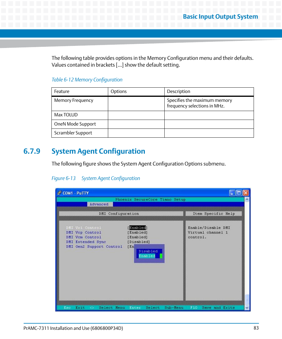 9 system agent configuration, Table 6-12, Memory configuration | Figure 6-13, System agent configuration, Basic input output system | Artesyn PrAMC-7311 Installation and Use (June 2014) User Manual | Page 83 / 126