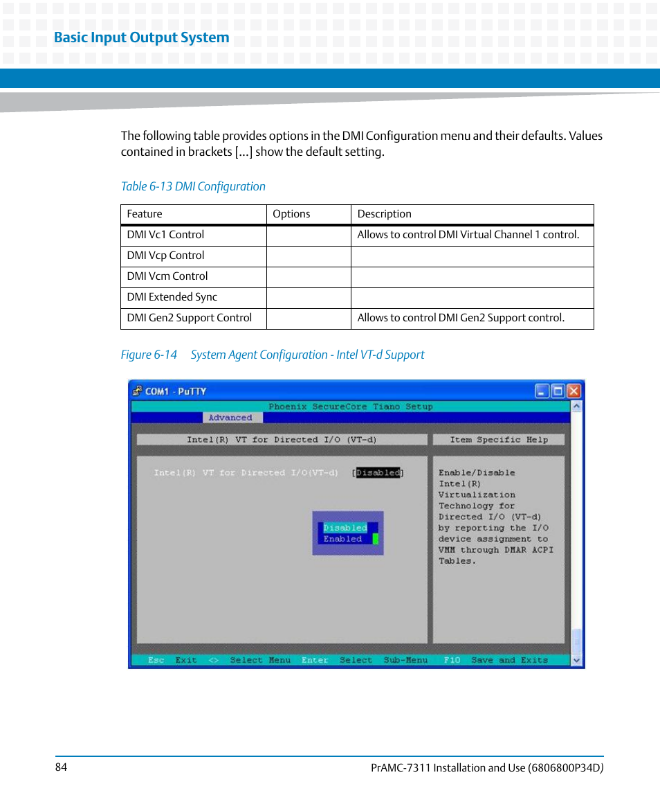 Table 6-13, Dmi configuration, Figure 6-14 | System agent configuration - intel vt-d support, Basic input output system | Artesyn PrAMC-7311 Installation and Use (June 2014) User Manual | Page 84 / 126